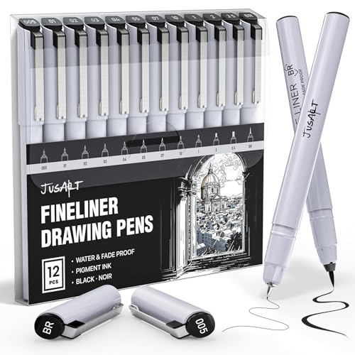 JustArt Fineliner Pens, 12 Size Tips, Fine, Brush & Chisel, Waterproof Black Pigment Ink Pens for Artists, Crafters, Illustration, Sketching, Writing, Journaling, Bible Notes and Art Projects