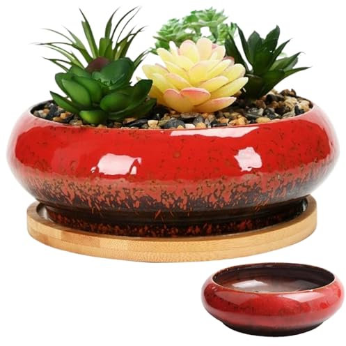 SMELEYOU Lotus Bonsai Schale für Lotusblume Keramik Blumenschale Verglasierte Pflanzentöpfe Innenrunde Bonsai Topf Dekorative Flache Hydroponic Pflanzer ohne Abfluss für Wasserlilie, Rot