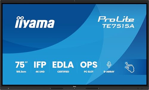 iiyama Prolite TE7515A-B1AG Pantalla interactiva LED IPS 189,3 cm 75 4K UHD 40 Puntos táctiles DeepContrast-IR+ HDMI DP USB-C USB3.2 RS-232c RJ45 Ops WiFi Android 14 OS Google EDLA iiControl NFC