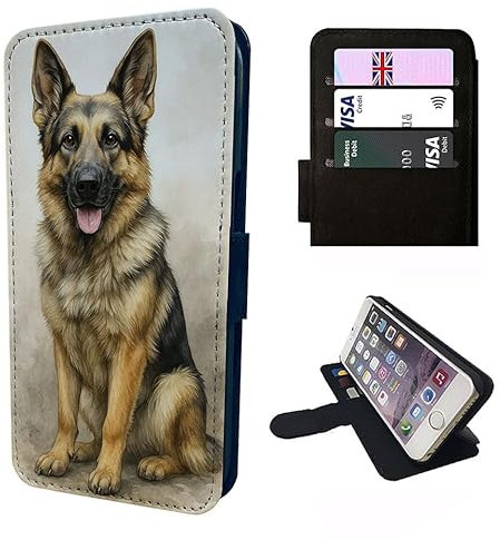 German Shepherd Wallet Phone Case – Dog Animal Faux Leather Flip Cover with Card Slots – Compatible with iPhone SE, 7, 8, X, XR, 11, 12, 13, 14, 15, 16 & 16E (Plus, Mini, Pro, Max Models) Animals