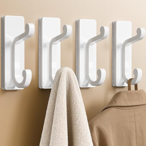 Chinpakden Lot de 4 crochets muraux autocollants blancs - 4,5 kg pour vêtements, serviettes, peignoirs, clés, crochets doubles pour salle de bain, chambre et porte