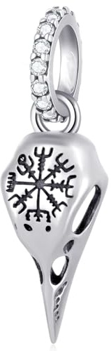 GLOWDAS Helm of Awe Rabenschädel Anhänger - passt zu Pandora Amulettarmband | 925 Sterling Silber Gothic Krähen-Skelett mit Wikinger-Kompass-Runenperlen, Geschenk für Halloween, Weihnachten oder Party