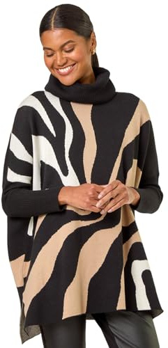 Roman Originals Plaid Asymmetric Knit Poncho for Women UK - Ladies Everyday Autumn Winter High Neckline Comfy Soft Evening Vacation Work Party Night Out - Noir - Size ONE