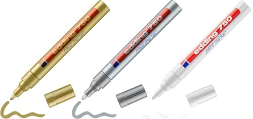 edding 750 Lackmarker - Rundspitze 2-4 mm - Lackstift zur Markierung und Beschriftung von Metall, Glas, Stein oder Kunststoff - hitzebeständig, permanent, wischfest (Gold, Silber, Weiß Set)