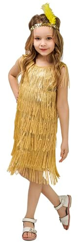 Lyxaof Glitzer Kleid Mädchen Kinder Latein Pailletten Fransen Kleid Kostüm mit Feder Stirnband Karneval Party Cosplay Dress Up Outfit (Gold, M)