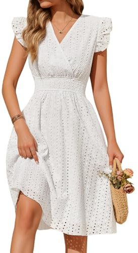 heekpek Vestito Donna Estivo Cotone Scollo a V Abito Estivo Donna Lungo Abito Senza Maniche con Volant Vita Alta Elegante Vestiti con Tasche, Bianco, L