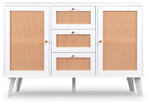 Menzzo Buffet Style Moderne à 3 tiroirs et 2 Portes avec cannage Dalgora L120cm Blanc