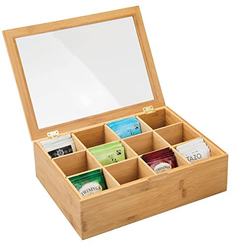 mDesign Teebox aus Holz – Teekiste mit 12 Fächern für die Teebeutel Aufbewahrung – praktische Box mit Sichtfenster im Deckel – bambusfarben