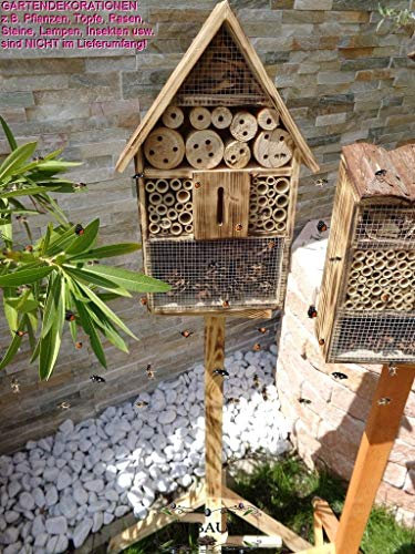 1x XL insektenhotel, Bienenhaus Spitzdach Klassik mit Standfuß UND TRÄNKE insektenhotel Holz Nistkasten GEFLAMMT-schwarz-, Natur-HOLZFARBEN