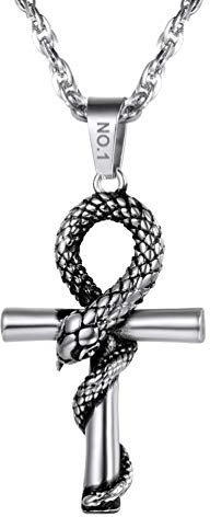 PROSTEEL Ankh Kreuz Anhänger Halskette Edelstahl Schlange schlingt Nilschlüssel Altägyptischer personalisiert Schmuck für Männer Frauen, Silber