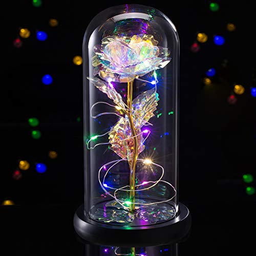 Galaxy Rose Gifts for Women，Beauty and The Beast Rose in Glass, Glass Rose Colorful Gift for Girlfriend Birthday,Anniversary,Christmas Day，Valentine's Day，Mother's Day Unique Gifts