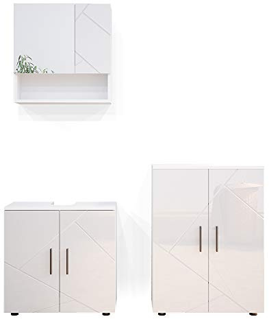 Vicco Badezimmer-Set Irma, Weiß Hochglanz, 80 cm | besteht aus Waschbeckenunterschrank, Spiegelschrank und Midischrank