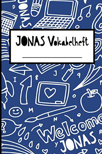 Personalisierte Schulsachen für Jonas: Praktisches Vokabelheft für die Schule | Individuelles Heft für Vokabeln mit zwei Spalten | Schulheft mit Name Jonas zum Schulanfang oder zur Einschulung