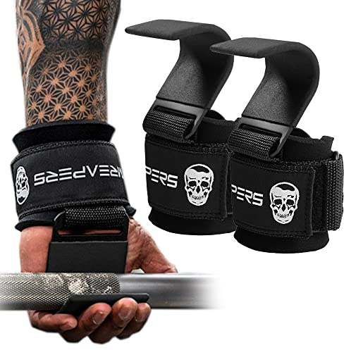 Gymreapers Weight Lifting Hooks (Pair), Heavy Duty Power Wrist Straps Hand Grip Support For Deadlifts, Pull Ups, Shrugs - Gym Gloves For Men and Women (Black)