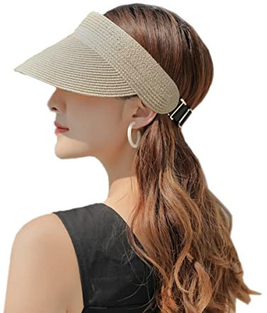 SIPEIEN Sonnenhut Damen Strohhut Visor Cap Sommer UV Schutz mit Breiter Krempe Verstellbarer Visierhut aufrollbare UPF50+ Pferdeschwanz Kappe für Frauen Beige