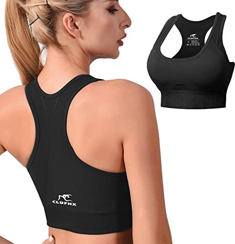 CLDFHX Damen Sport BH Starker Halt mit Polstern Ohne Bügel Comfy BH Nahtlos BH Racerback Top zum Yoga Joggen Fitness Laufen Pilates, Schwarz, 3XL