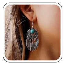 Inilbran Boho Türkis Blatt Tropfen Ohrringe Tribal Feder Baumeln Haken Ohrringe Vintage Blatt Quaste Ohrringe Ethnische Türkis Perle Tropfen Ohrringe Schmuck für Frauen und Mädchen