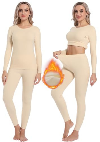 INNERSY Thermo Unterwäsche Frauen Warme Funktionsunterwäsche Damen Oberteil und Leggings Set (XL, Warmes Beige)