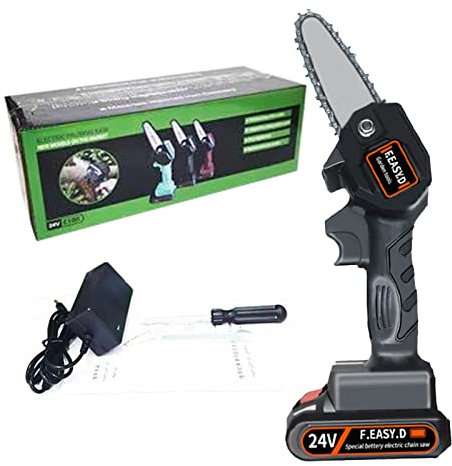 Mini motosega con batteria, 24 V, senza fili, elettrica con caricatore e batterie, 4 pollici, mini motosega elettrica per potatura da giardino, potatura e legno