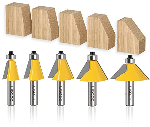 WSOOX 5PCS Chamfer Router Bit Set 1/2 Shank Edge Forming Cutter with Bearing Guided Bevel Edging Router Bit (11.25°,15°,22.5°,30°,45°.) (1/2 shank)