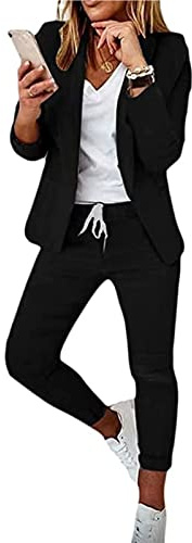 FOOJo Costume de Pantalon Femme, Costume d'affaires Élégant Festif Ensemble Pantalon Costume Blazer Pantalon Tenue À Carreaux Deux Pièces Slimfit Costume de Loisirs Femme (Color : A-Black, Size : M