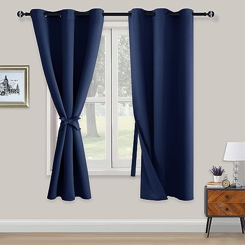 XWZO Blackout Curtains Shades Window Curtain Panels with Tiebacks- Noise Reduction and Thermal Insulated Eyelet Curtains for Bedroom,Living Room,Office,Study Room Navy W46xL72