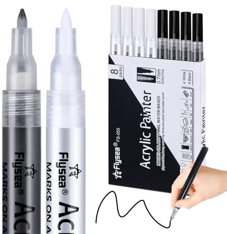 Teokantz 8 Stück Weiß Schwarz Acrylstifte für Steine, wasserfest 0.7 mm Dünner Spitze Feine Set Acryl Stifte weiß für Schwarzes Papier Holz Leinwand Keramik DIY Zeichnung Steine Bemalen