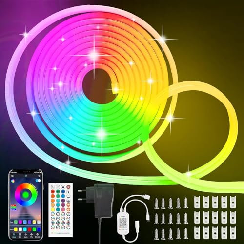 TVLIVE Neon LED Strip 5M,RGB Neon LED Streifen 5M, 24V IP67 Wasserdicht Neon LED Lichtband mit App und Fernbedienung,DIY-Funktion, Musik Sync, Neon Led Leiste für Wohnzimmer, Schlafzimmer, Wand Deko
