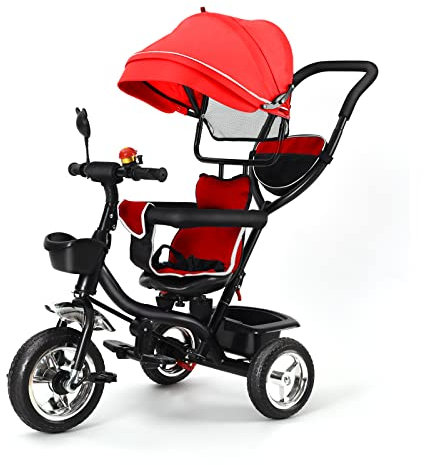 Dreiräder, Kinderdreirad mit Schubstange+Glocke+Rückspiegel+Autokörbe, 4 in 1 Kinderwagen, Ausklappbarem Verdeck mit Sonnenschutz (rot)