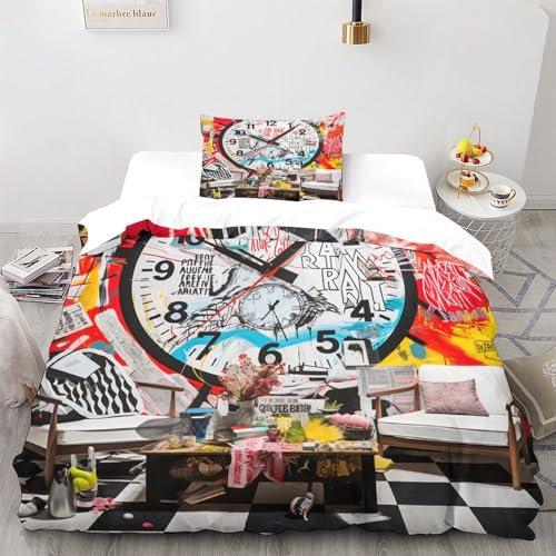 LSORU Graffiti-Uhr Bettwäsche Set Bettbezug Set Atmungsaktive Mikrofaser Bettwäsche Für Schlafzimmer, Weiche Bequemer Single(135x200cm)