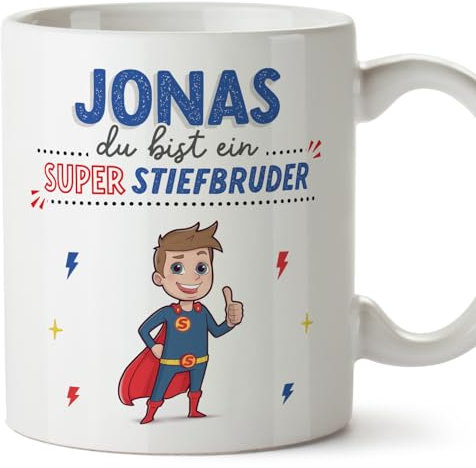 Mugffins Tassen Personalisieren mit Spruch für STIEFBRUDER - Auf Deutsch - Du bist Super! - 11 oz / 330 ml - Individuell Anpassbar Geschenk