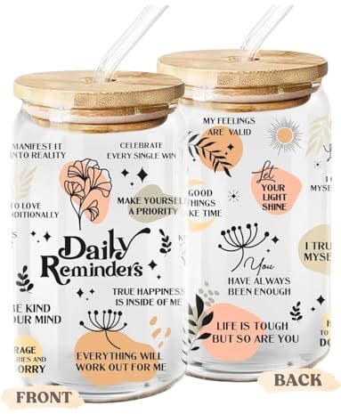 Lullabie 500ml Glass Cup with Bamboo Lids, Straw and 5pcs/Sets Self-Love Design UV Transfer Printing Stickers - Women Cups - Mothers Day Gifts - Iced Coffee Cup, Beer Glasses
