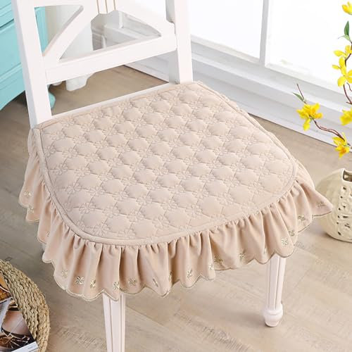 Dazzluxe Sitzkissen Für Esszimmerstühle Mit Rüschen, Ultradünne rutschfeste Küchenstuhlpolster Mit Elastischem Riemen, Atmungsaktiver Ersatz-Stuhlkissenschutz Für Büro, Wohnzimmer,Beige