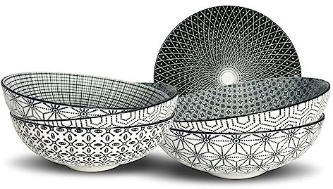 Ard'time - Lot de 6 Assiettes Creuses, Assiettes en Porcelaine avec Imprimés Blancs et Noirs, Contenance 1300ml, Vaisselle Elégante, Adapté Lave-Vaiselle et Micro-onde, Collection KOMAE
