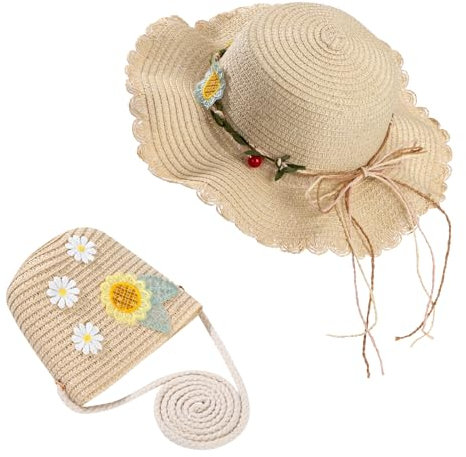 Gorra de Sol Chica Sombrero de Paja y Pequeño Bolso Set Gorra de Sol Chica de Playa con Flores para Viaje para Niños Verano Playa Actividades al Aire Libre