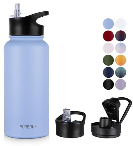 MURBONE Edelstahl Trinkflasche 1L, (+2 Deckel)-mit Strohhalm,BPA frei,Thermosflasche Auslaufsicher,Kohlensäure Geeignet,Thermoskanne Vakuum Doppelwandisolierung für Sport, Reisen, Camping
