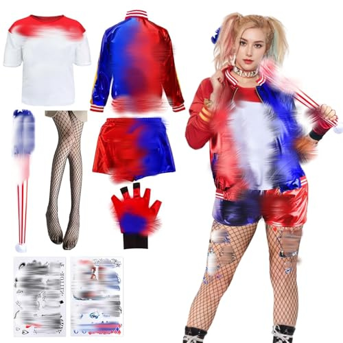 Luclay HK Cos Quinn Kostüm für Erwachsene Mädchen - Damen Karneval Bösewicht Faschings Cosplay mit Jacke T-Shirt Shorts Tattoo Handschuh Netzstrümpfe für Halloween