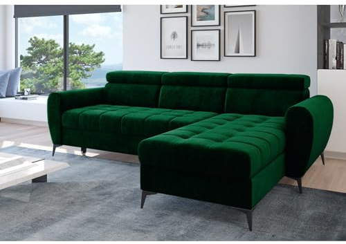 Easy4You Ecksofa Bjorn Velvet L-Form Flaschengrün – 252x101x175 cm - Schlafsofa mit Bettkasten und Schlaffunktion - Eckcouch mit Stauraum - Verstellbare Kopfstützen – Stoff Monolith 37
