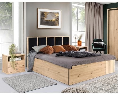 Lomadox Schlafzimmer Set 3-teilig, Bett 180x200 cm, 2 Nachttische, Eiche mit schwarz