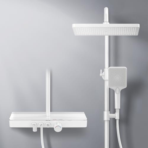 EMKE Colonne de Douche Thermostatique, Panneau Thermostatique de 45 cm, Douchette à Main 3 Jets, Douche de Pluie avec Mitigeur, Montage Mural, Blanc mat