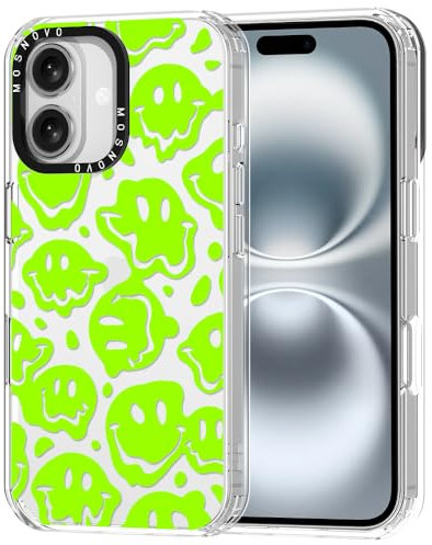 MOSNOVO Case for iPhone 16, [Buffertech 6.6ft Military-Grade Drop Protection] [Anti Peel Off Tech] Clear TPU Bumper Phone Case Cover Design - Distorted Green Smiles Face