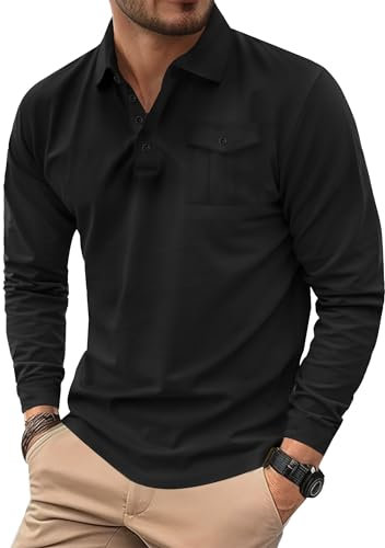 Herberton Herren Poloshirts Baumwolle Langarm Button-Down-Tasche Casual Einfarbig Arbeitskragenhemd Schwarz L