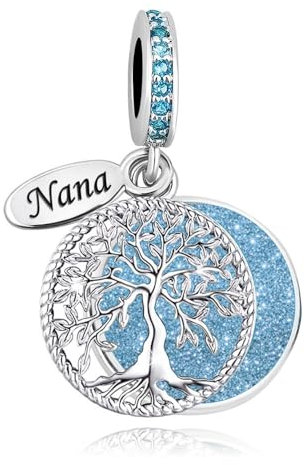 SBI Jewelry Nana Charm Family Tree Beads Compatible with Pandora Bracelets Women Blue Birthstone Necklace Gift Sparkling Tree of Life Dangle