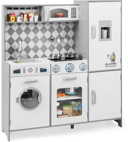 GYMAX Kids Play Kitchen, Wooden Toy Kitchen with Microwave, Ice Maker, Washing Machine, Oven, Stove, Sounds, Lights and Cookware Accessories, Pretend Kitchen Playset for Boys Girls (White)