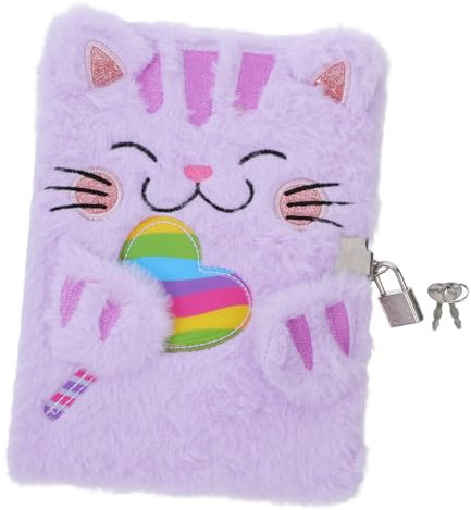 SEWACC Fluffy Cat Notebook with Lock Cute Mini Plush Notepad Furry Writing Diary for Kids Blank Pages Tie-Dye Purple Girls Journal School Supplies