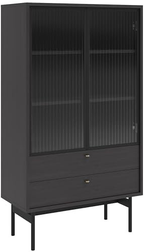 Selsey Vitrine Glas Vitrinenschrank Glasvitrine Wohnzimmer Glastür Niedrig 85 cm 2 Schubladen 3 Fächer Portland Esche Olar