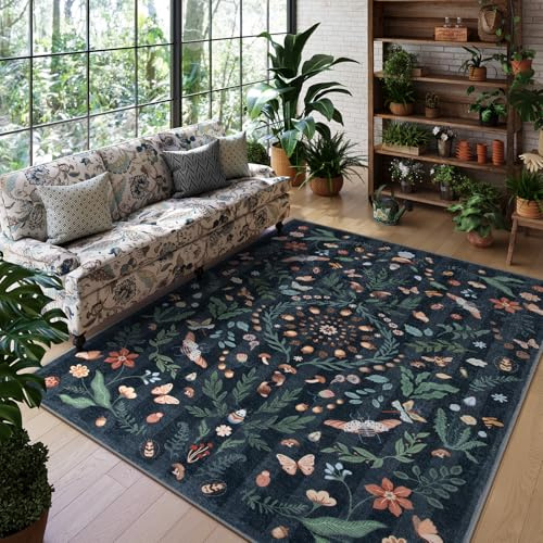 Lahome Insect Botanical Waschbarer Teppich für Wohnzimmer, rutschfeste Teppiche für Schlafzimmer, Boho, Innenbereich, Esszimmer, Teppiche für unter dem Tisch, für Zuhause, Büro, Spielzimmer (Schwarz,