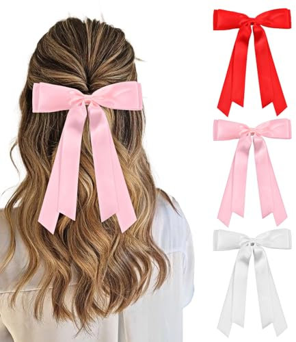 Teaaha 2 Stück Haarschleife Haarspange, seidige Satin-Haarschleifen Haarspangen Mit Großer Schleife Haargummi mit Schleife für Partys, Weihnachten, Valentinstag, Frauen, Mädchen (Rot, Rosa, Weiß)