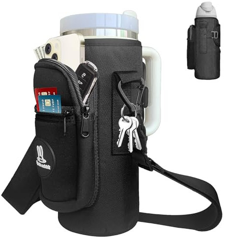 Sports rabbit Water Bottle Holder with Strap – Universal Fit for 40oz Bottles – Compatible with Stanley, Owala, Hydro Flask – Large Pocket, Adjustable Crossbody Strap for Gym, Office, Outdoor (Black)