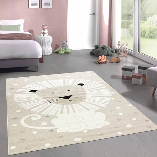 CARPETIA Kinderteppich Löwenmotiv Beige Creme 3D-Effekt 200x290 cm | Pflegeleicht, strapazierfähig, hautsympathisch und schadstofffrei, OEKO-TEX geprüft, für Fußbodenheizung & Kinderzimmer